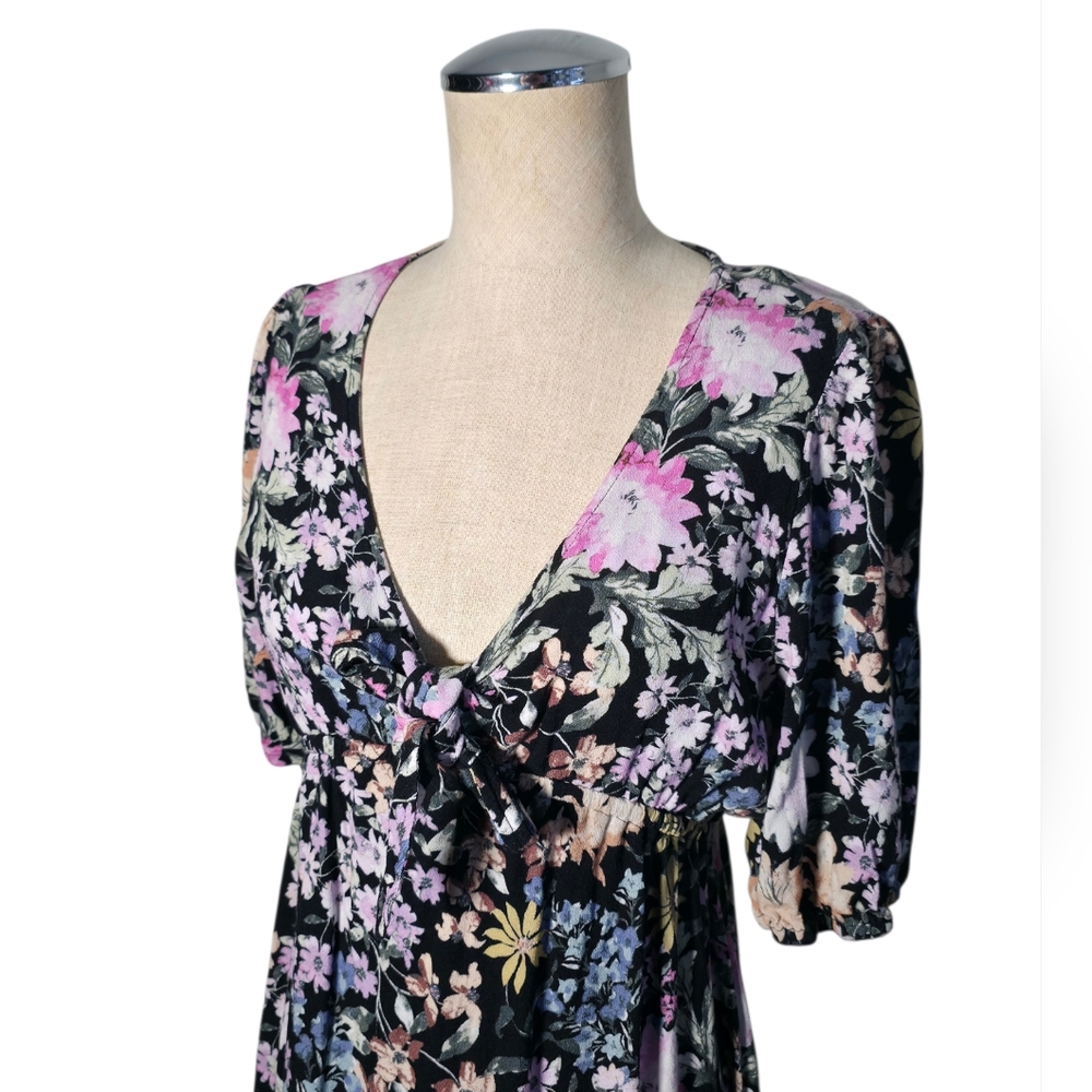 Saltwater Luxe Floral Mini Dress Small Black Pink Boho Tie Front Puff Sleeve - Picture 4 of 13